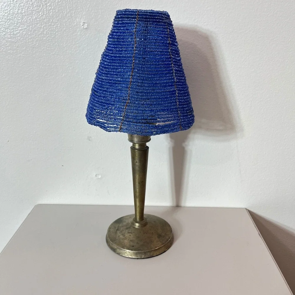 Pottery‎ Barn Blue Beaded Brass Stand Votive Fairy Lamp 12